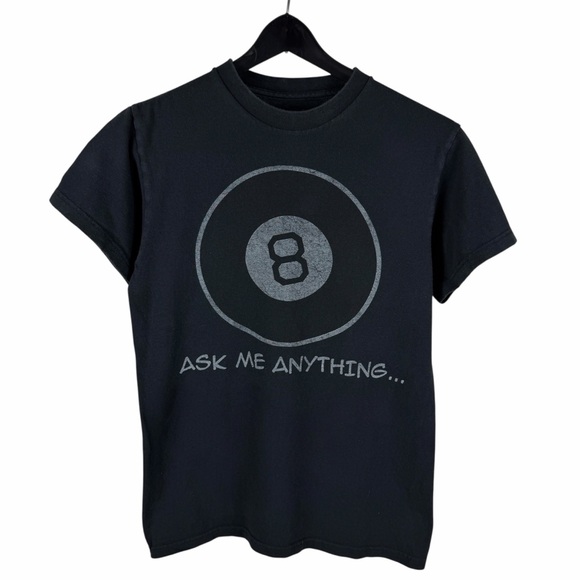 Mens Y2K Magic 8 Ball Ask Me Anything Toy Parody Graphic Black Shirt Size S - Picture 1 of 8